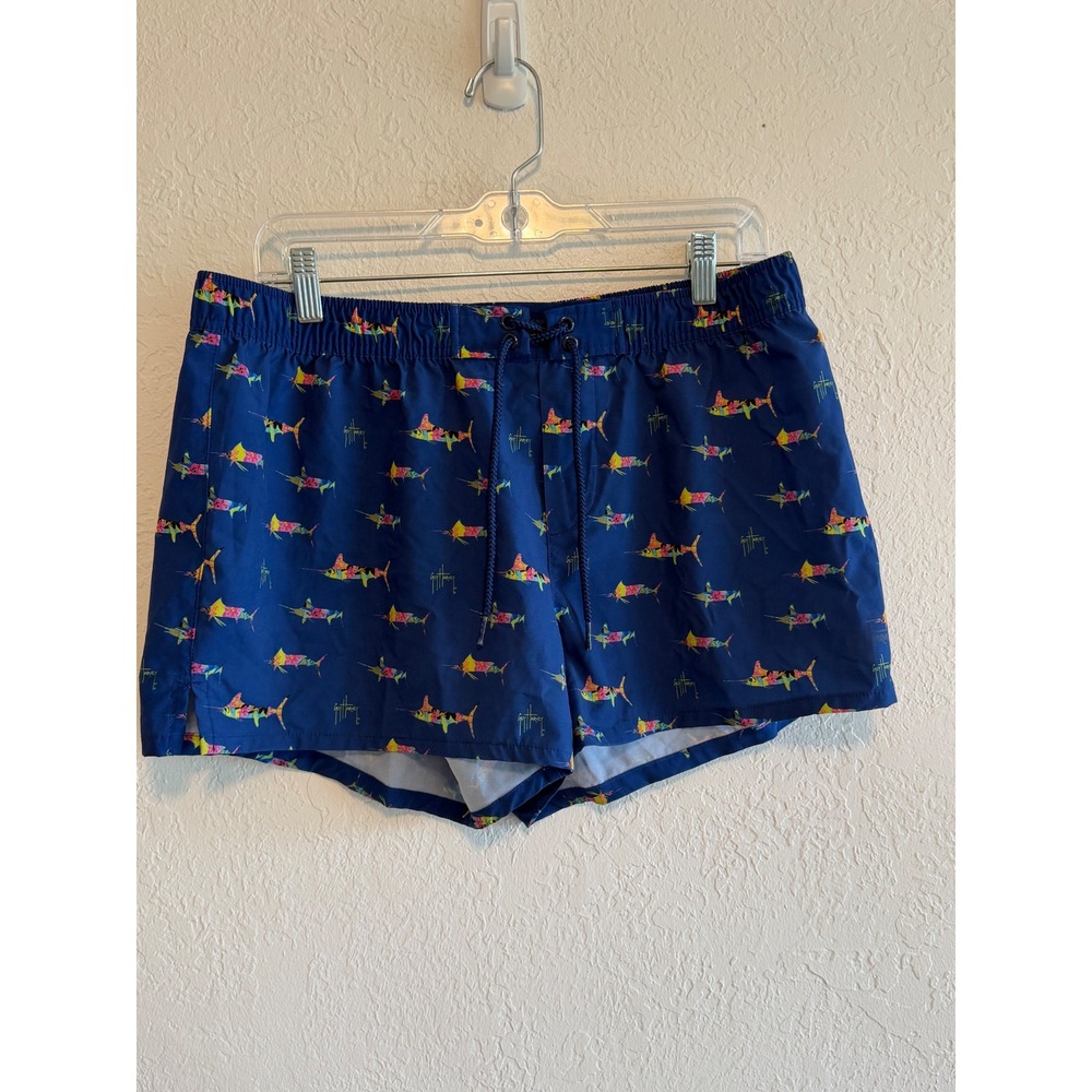 Guy Harvey Mens Navy Blue Marlin Floral Print Swim Trunks XL GHV55407
